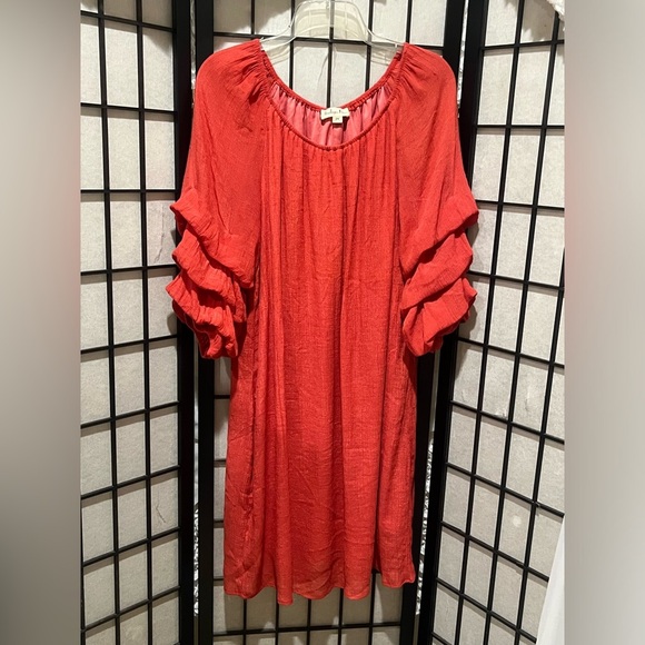 INDIGO ROSE DEEP CORAL OFF THE SHOULDER RUFFLED 3/4 SLEEVE DRESS SIZE 2X - Picture 5 of 11